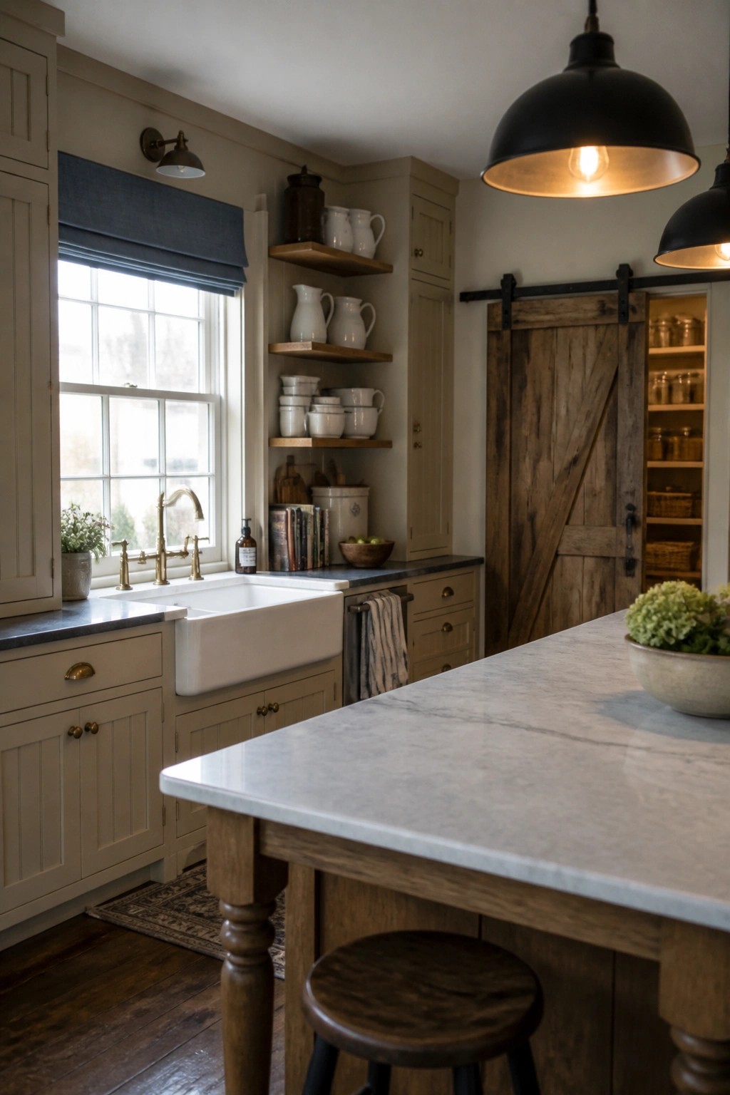 A kitchen interior with warm beige cabinets, a white farmhouse sink under a window, open wooden shelves holding white dishes, a marble-topped island with a wooden stool, and a sliding barn door.