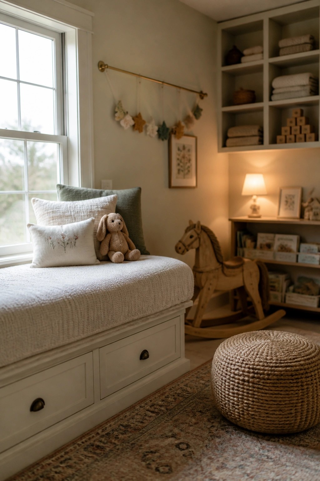 A child's room with pale neutral walls, a white window seat with pillows and a stuffed bunny, built-in shelves holding towels and toys, a wooden rocking horse, and a woven pouf on a patterned rug.