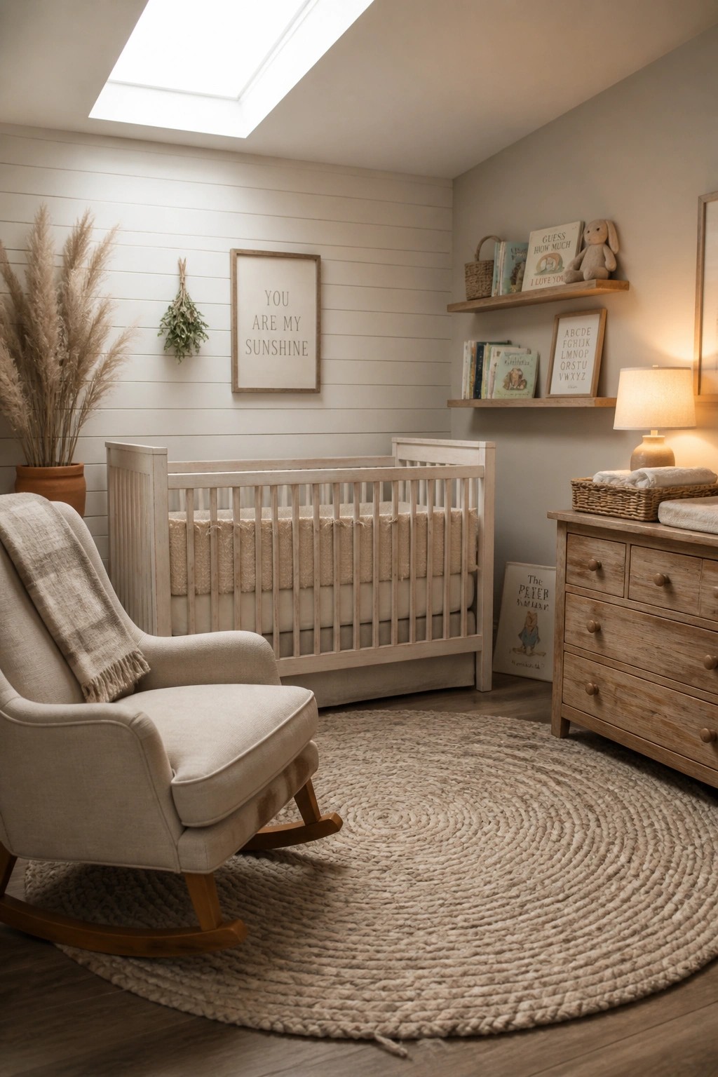 A nursery with warm beige walls, a white wooden crib, a beige rocking chair on a round woven rug, floating shelves with books, and a skylight above.