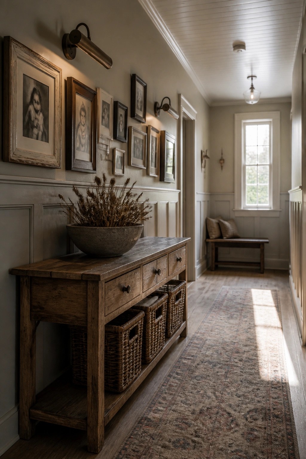 A long farmhouse hallway with gray-beige walls, white wainscoting, a wooden console table with wicker baskets underneath, and a gallery wall of framed pictures.