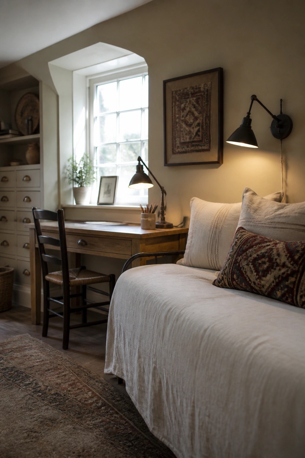 A bedroom interior with warm beige walls, a wooden desk under a window, a woven chair, and a bed dressed in white and patterned linens.