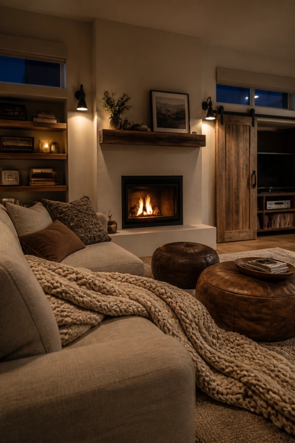 A living room with a black fireplace set into a wall painted warm beige, flanked by built-in wooden shelves and two brown leather ottomans in front.