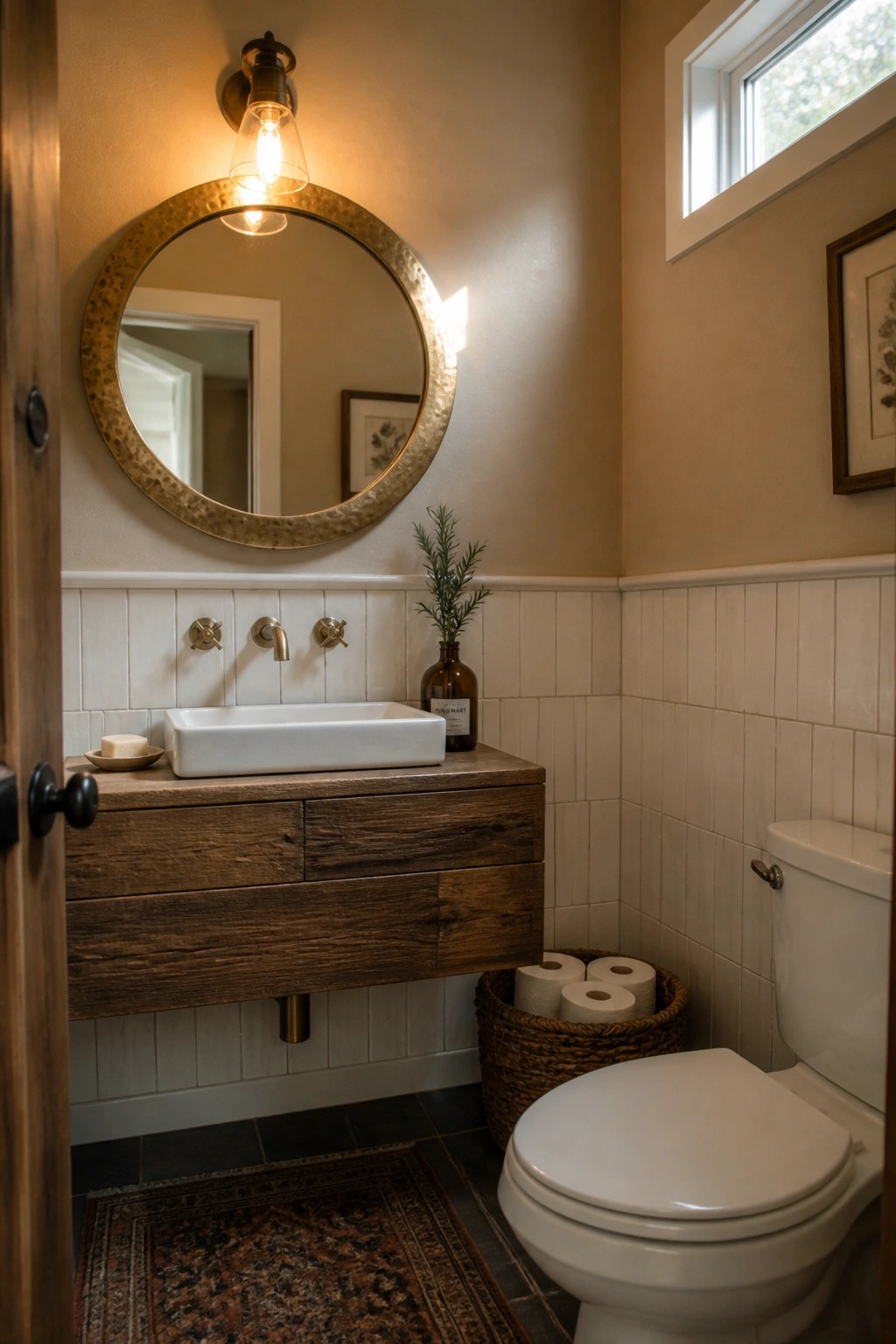 A bathroom interior with warm beige paint on the upper walls above white beadboard wainscoting, a floating wood vanity with white sink, round mirror, and white toilet.