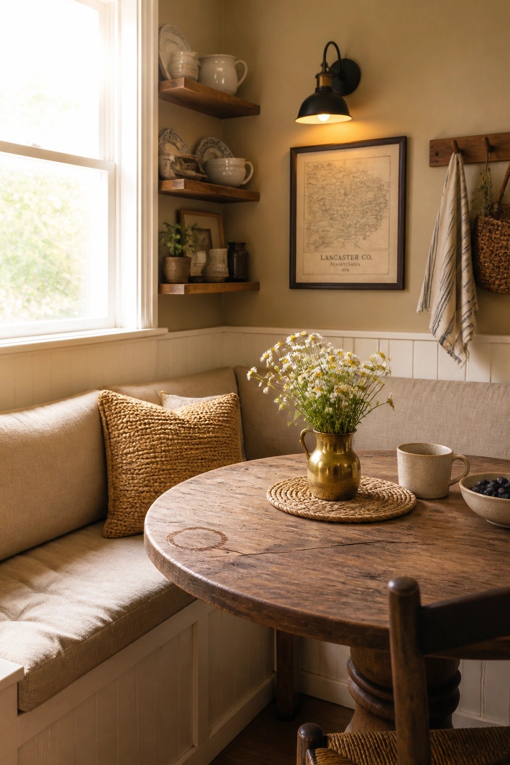 A breakfast nook corner with warm beige walls, a built-in upholstered bench, a round wooden table holding a brass pitcher of daisies, and open wooden shelves above.