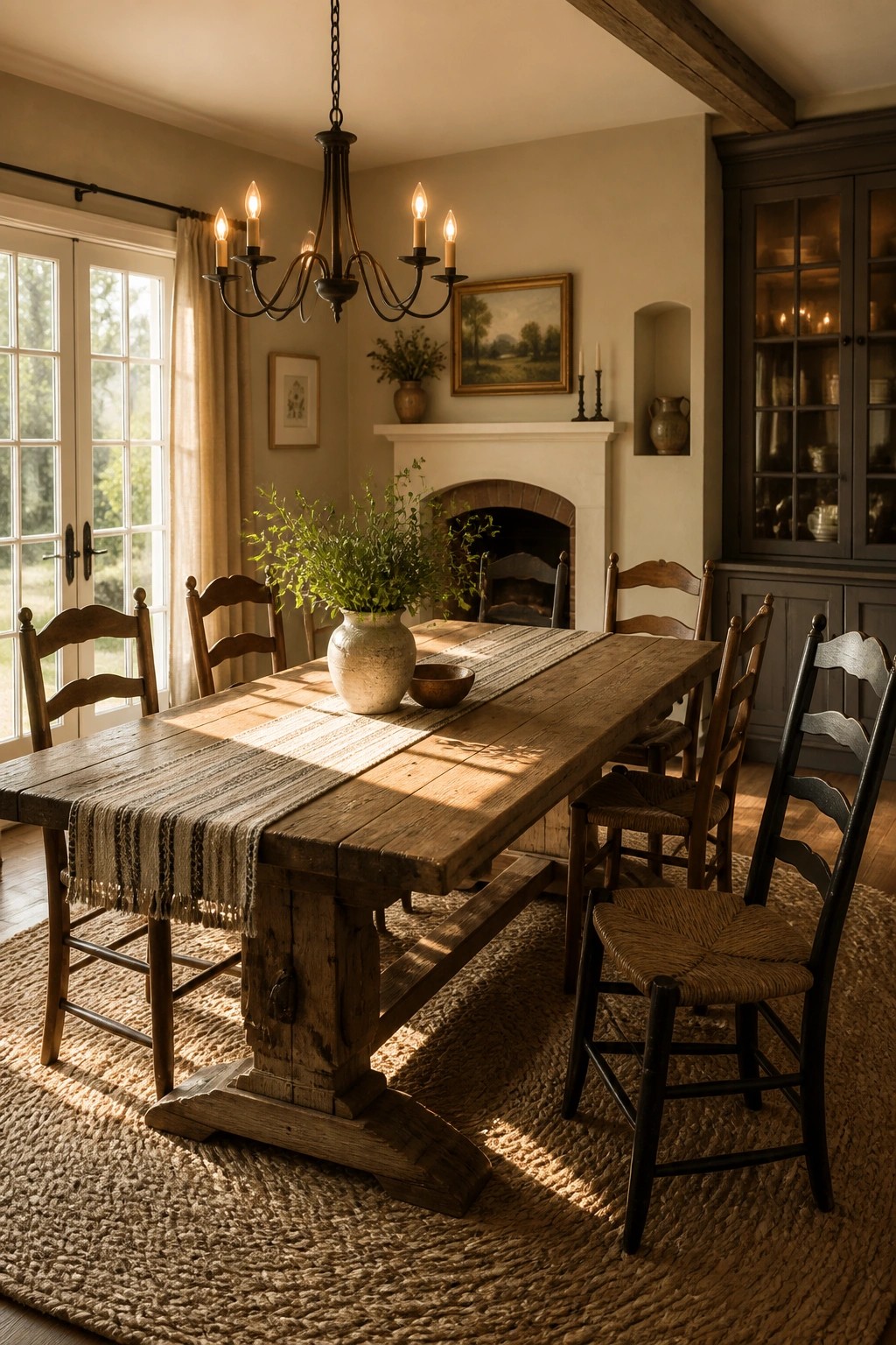 A farmhouse dining room with a long wooden table, woven seat chairs, a vase of greenery, and a fireplace against warm beige walls.
