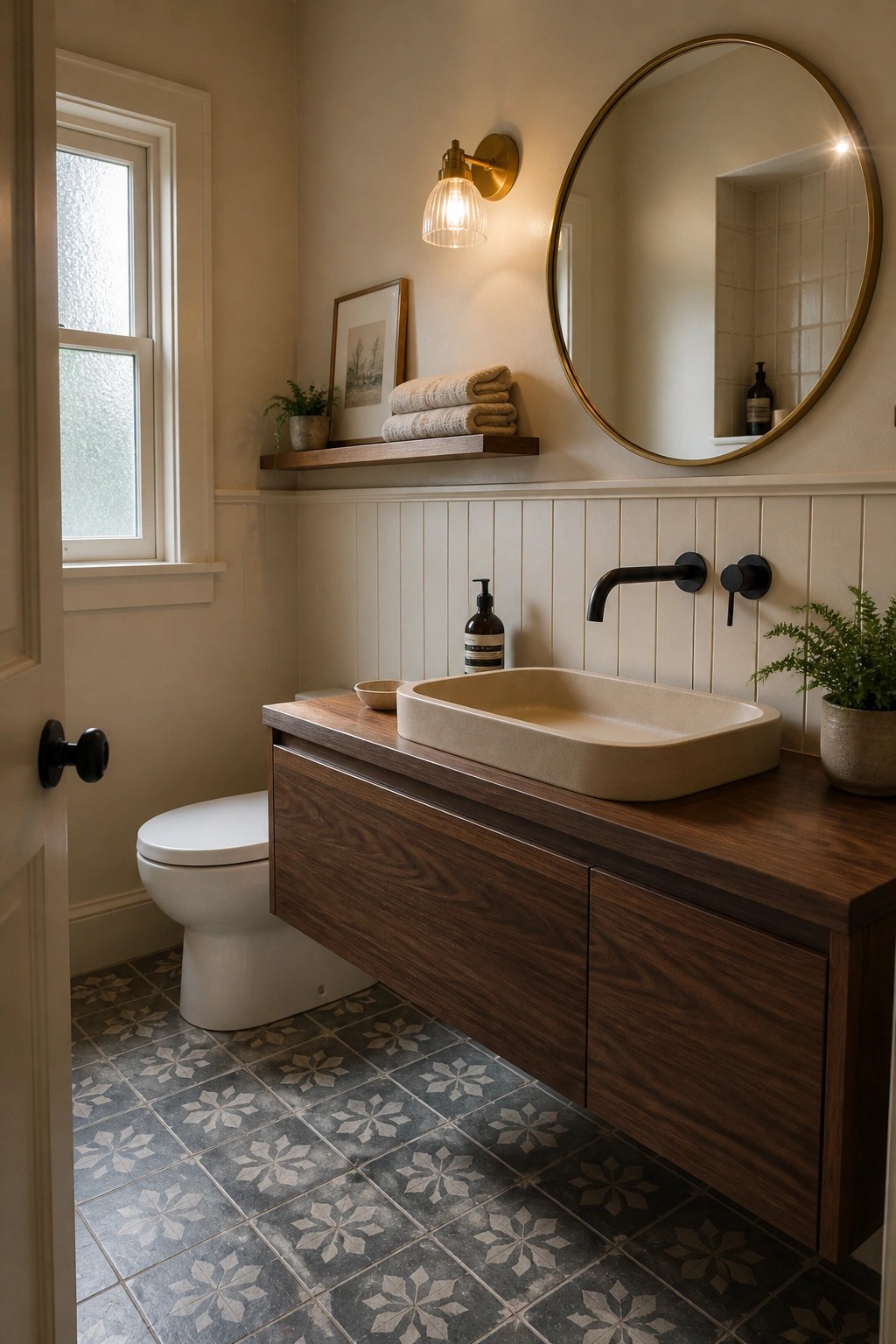 A bathroom interior featuring warm beige walls, a floating dark wood vanity with a beige vessel sink, black faucet, round mirror, patterned tile floor, and a toilet near a window.