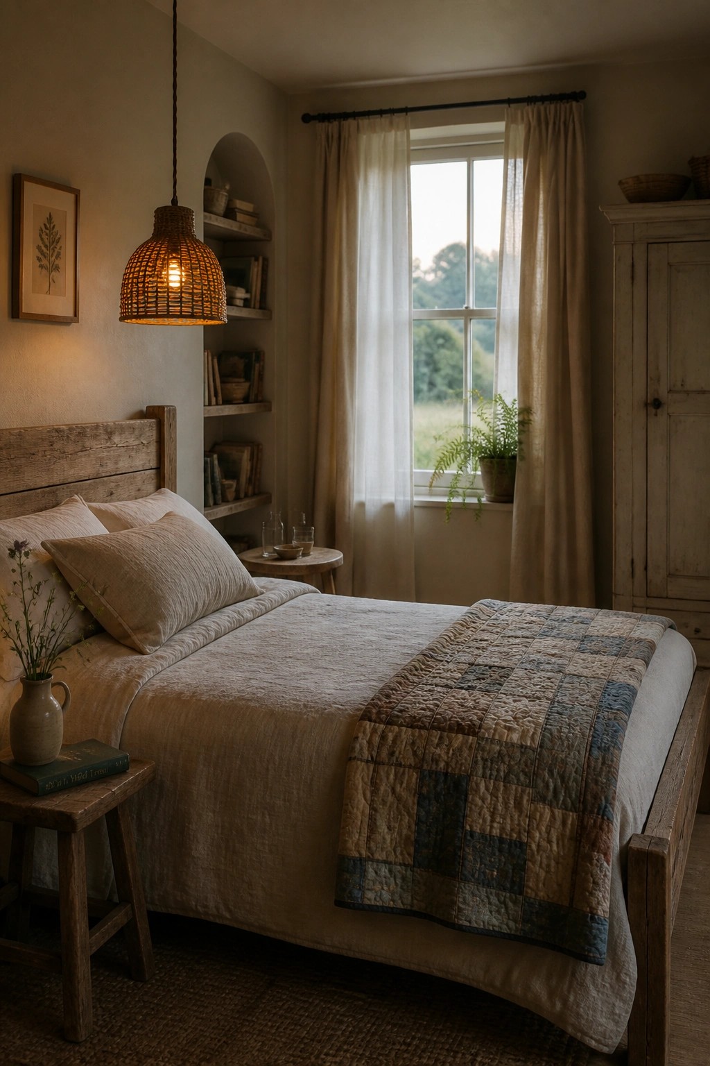 A bedroom interior with beige walls, a wooden bed, neutral bedding, and a window with sheer curtains.
