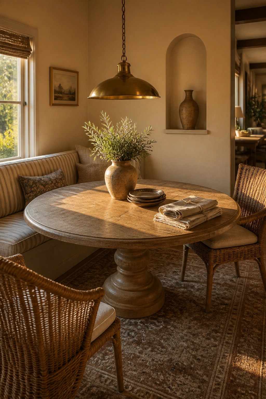A round wooden dining table with stacked plates, folded linens, and a vase of greenery sits in a beige-walled room beside a built-in bench and wicker chairs under a brass pendant light.