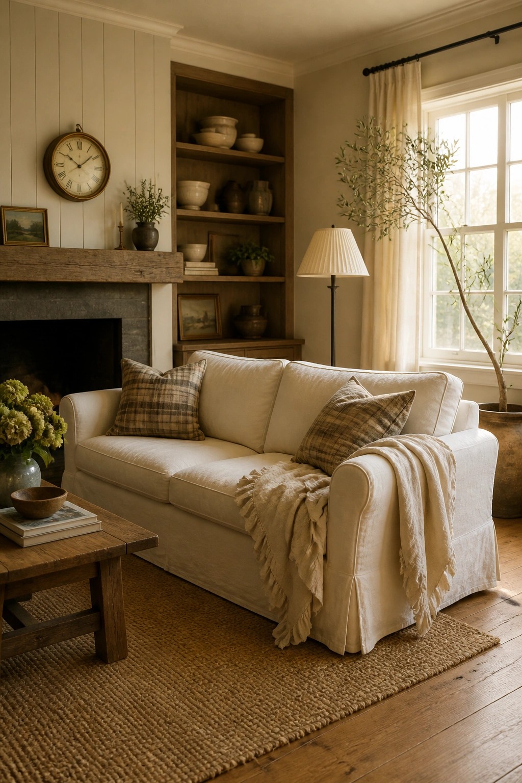 A living room with a white slipcovered sofa, wooden built-in shelves, a stone fireplace, and warm beige walls.