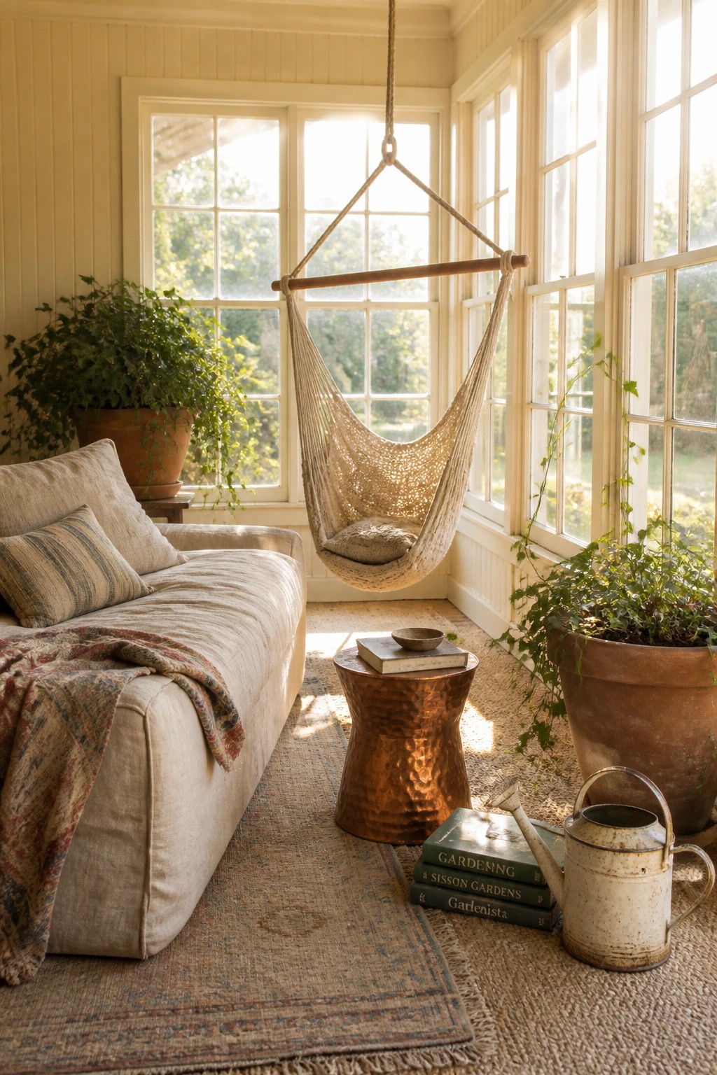 A sunroom interior with pale beige walls, a beige sofa, a hanging chair, potted plants, and large windows.