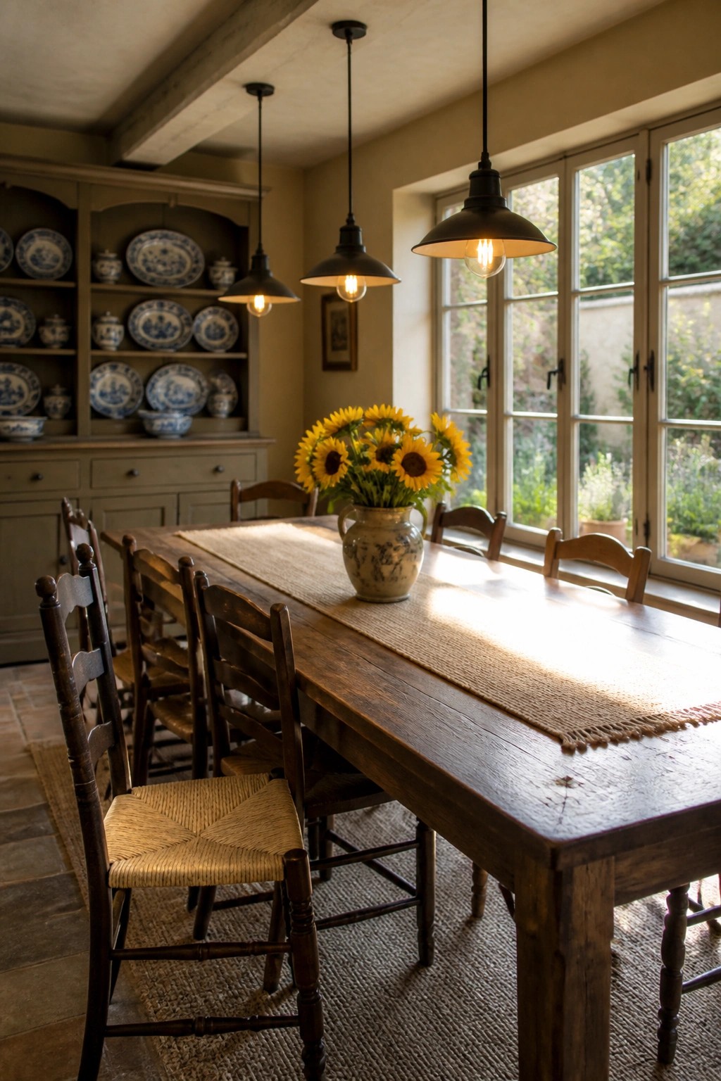 A farmhouse dining room featuring a long wooden table with woven chairs, three black pendant lights, and a built-in hutch holding blue and white dishes against warm beige walls.