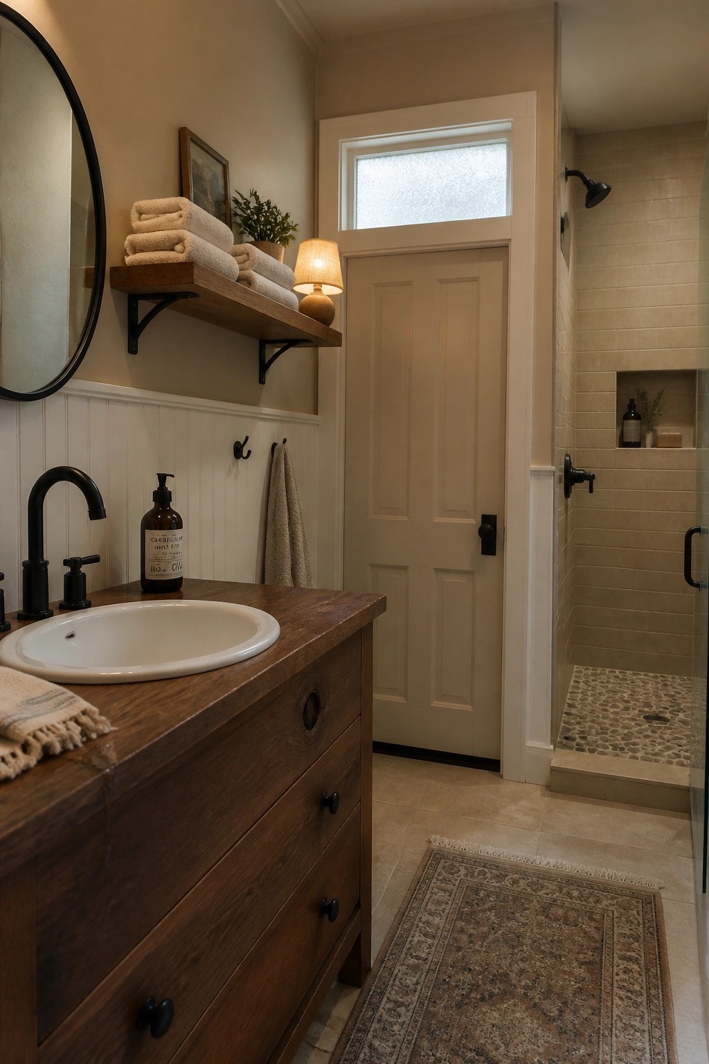 Rustic bathroom with wooden vanity, round mirror, tiled shower, and rug