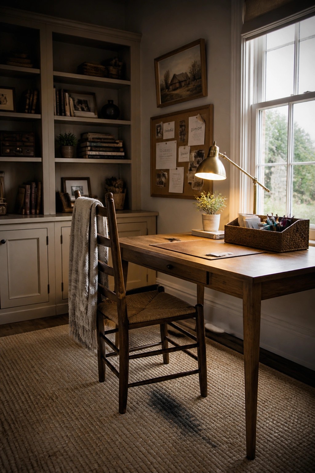 A wooden desk and woven chair sit in front of built-in bookshelves and a window in a neutral-toned room.