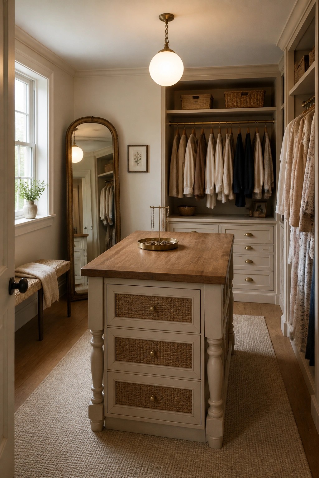A walk-in closet with a central island that has a wood top and three woven-front drawers, plus open shelving and hanging rods along the walls.