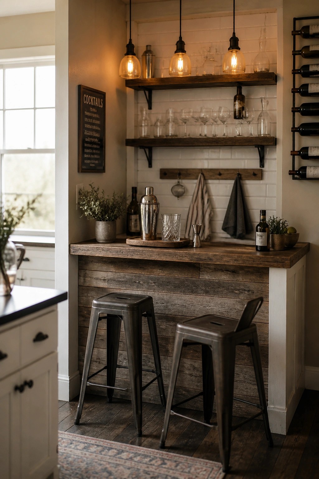 A rustic interior corner with a wooden bar counter, two metal stools, open wood shelves holding glassware, and three pendant lights hanging above.