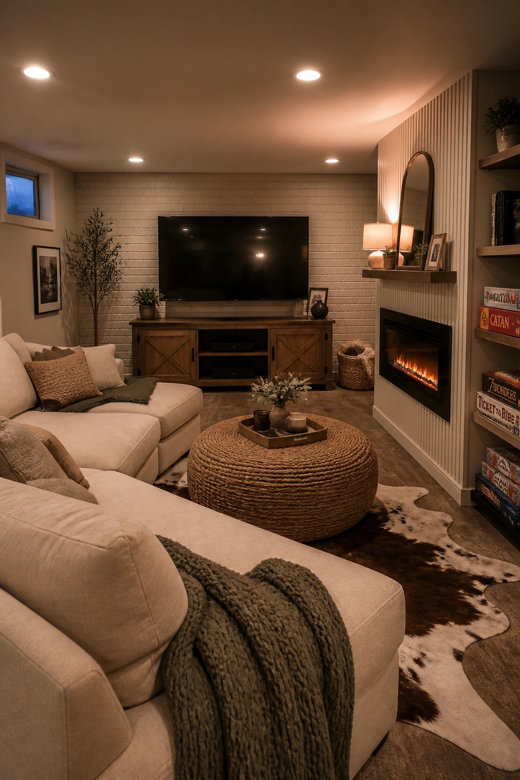 Cozy living room with beige sectional sofa, woven ottoman, fireplace, and TV on brick wall.