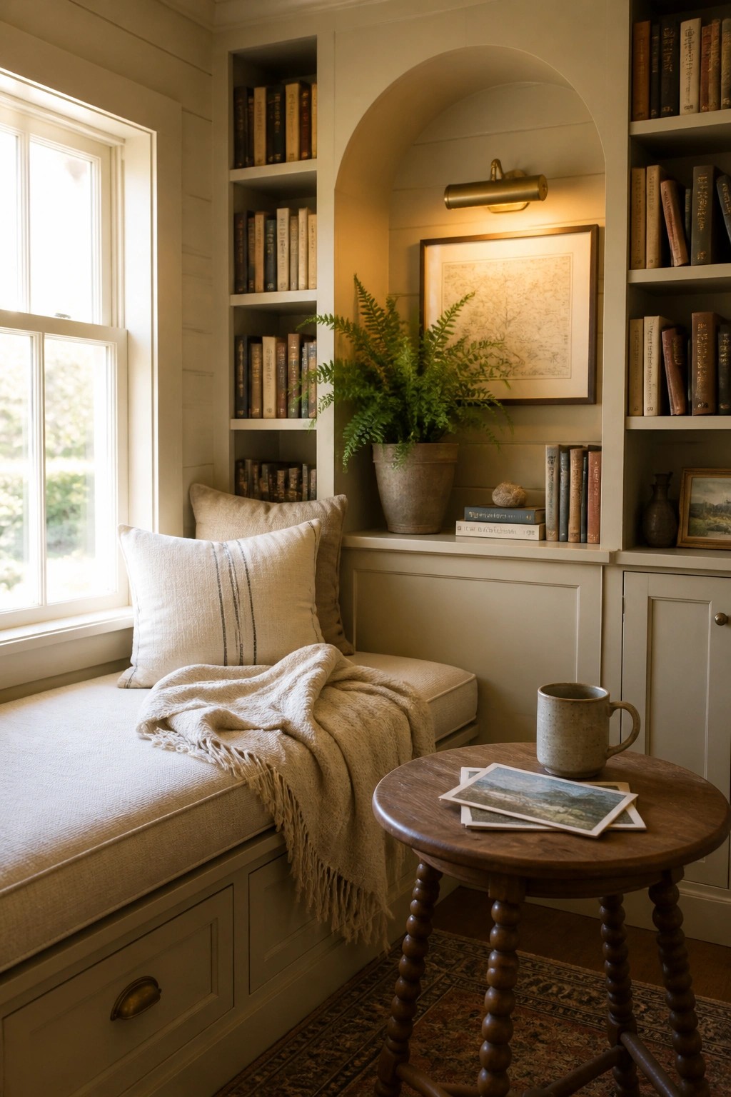 Cozy window bench with linen pillows, knit throw, bookshelves, fern, and wooden table