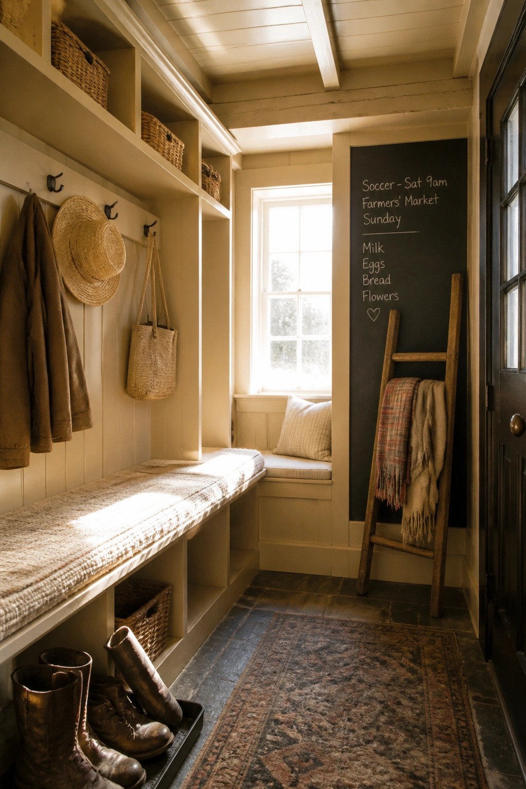 A beige-painted mudroom with built-in bench seating, cubby storage, wall hooks, a chalkboard wall with writing, and boots on the floor.