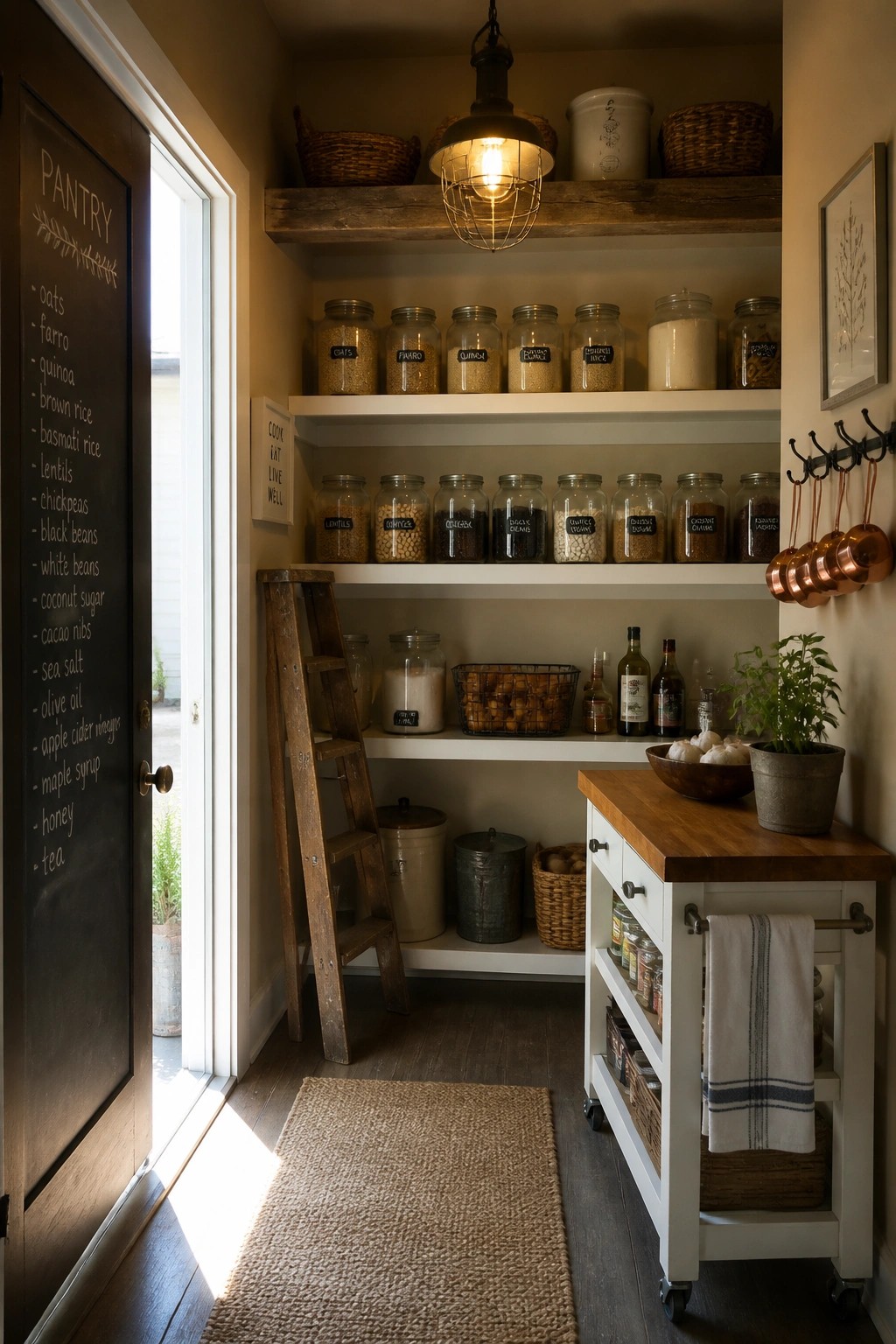 A narrow pantry interior with white open shelves holding labeled glass jars, a chalkboard door listing items, a wooden ladder, and a rolling cart on the right.