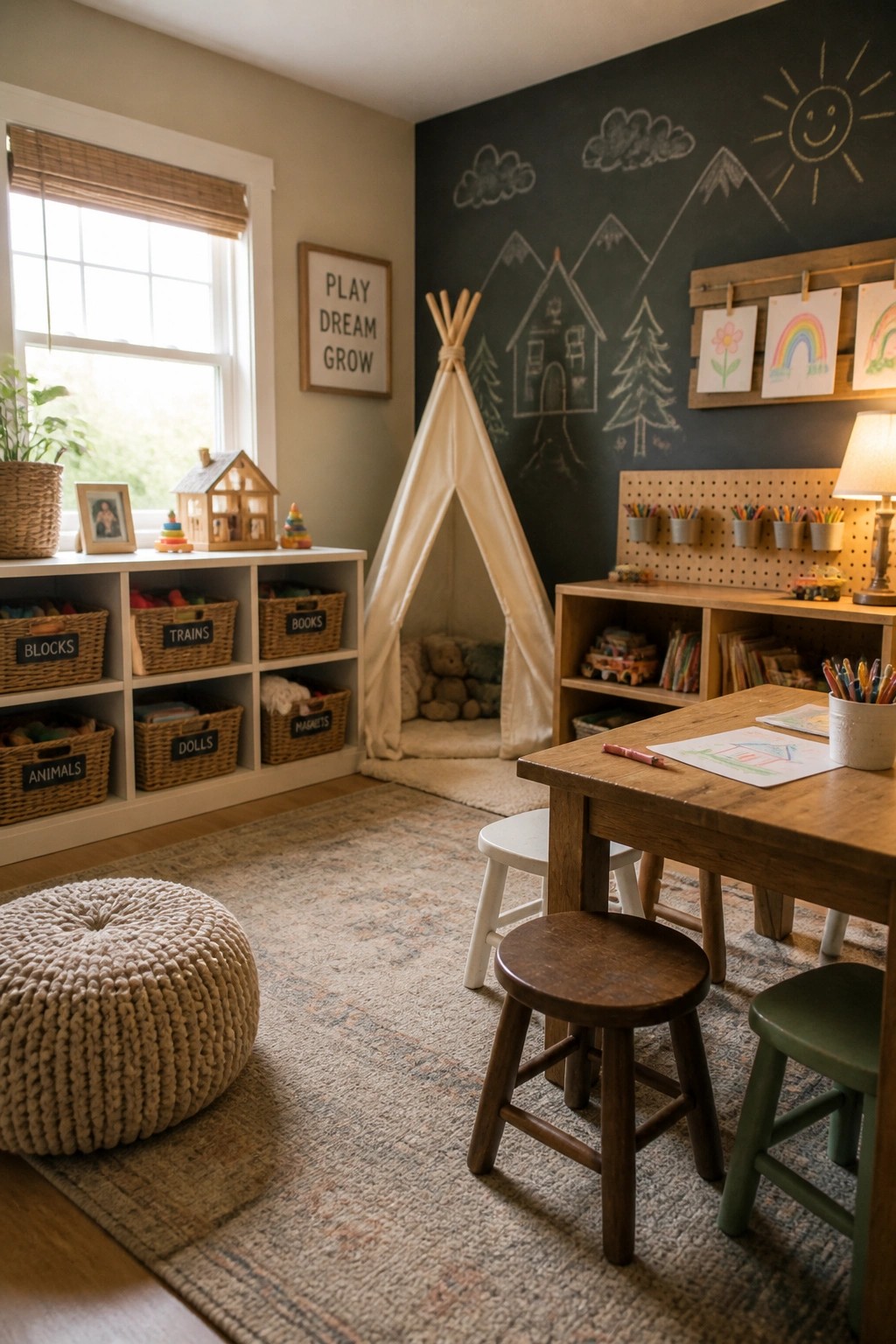 A children's playroom with a large black chalkboard wall covered in chalk drawings of mountains, trees, a house, sun, and clouds, next to wooden toy shelves and a small wooden table with stools.