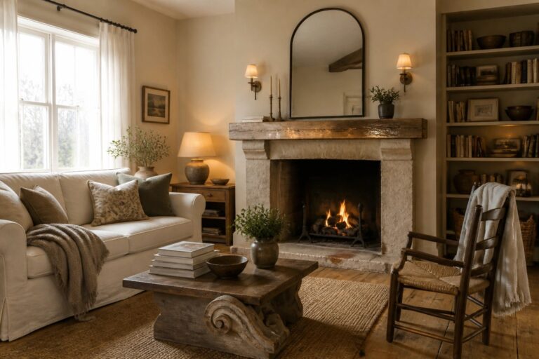 23 Warm Beige Rustic Farmhouse Paint Colors for Soft Inviting Spaces Cozy living room with stone fireplace, arched mirror, white sofa, and wooden rocking chair.