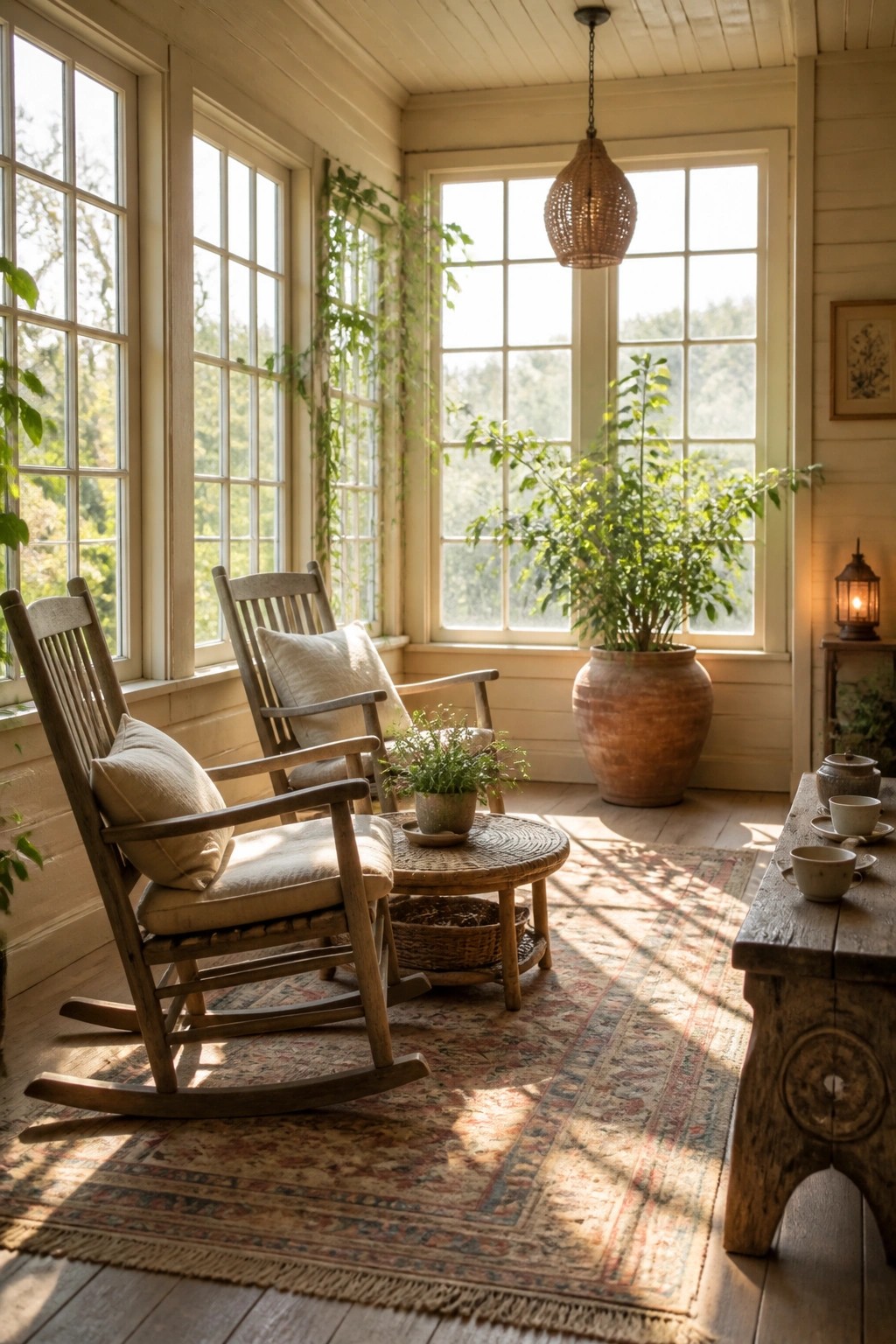 Two wooden rocking chairs on a patterned rug in a sunlit room with windows