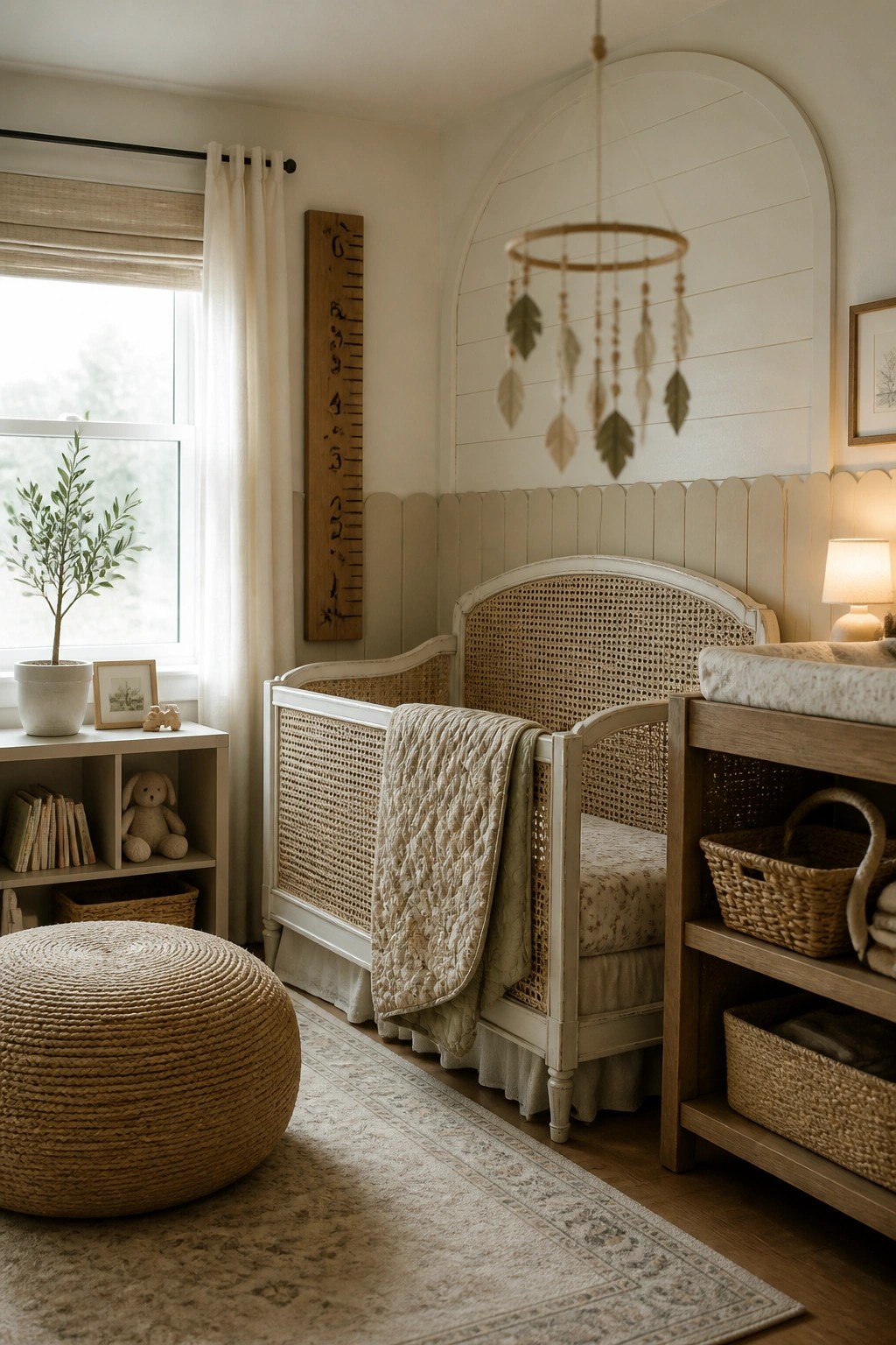 A nursery interior with a white crib that has cane panels, a wooden changing table, a woven floor pouf, and warm beige walls with painted wainscoting.