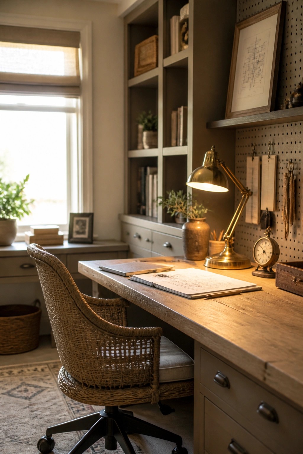 A home office featuring a wooden desk with an open notebook, brass desk lamp, woven chair, and built-in shelves painted in a warm beige tone.