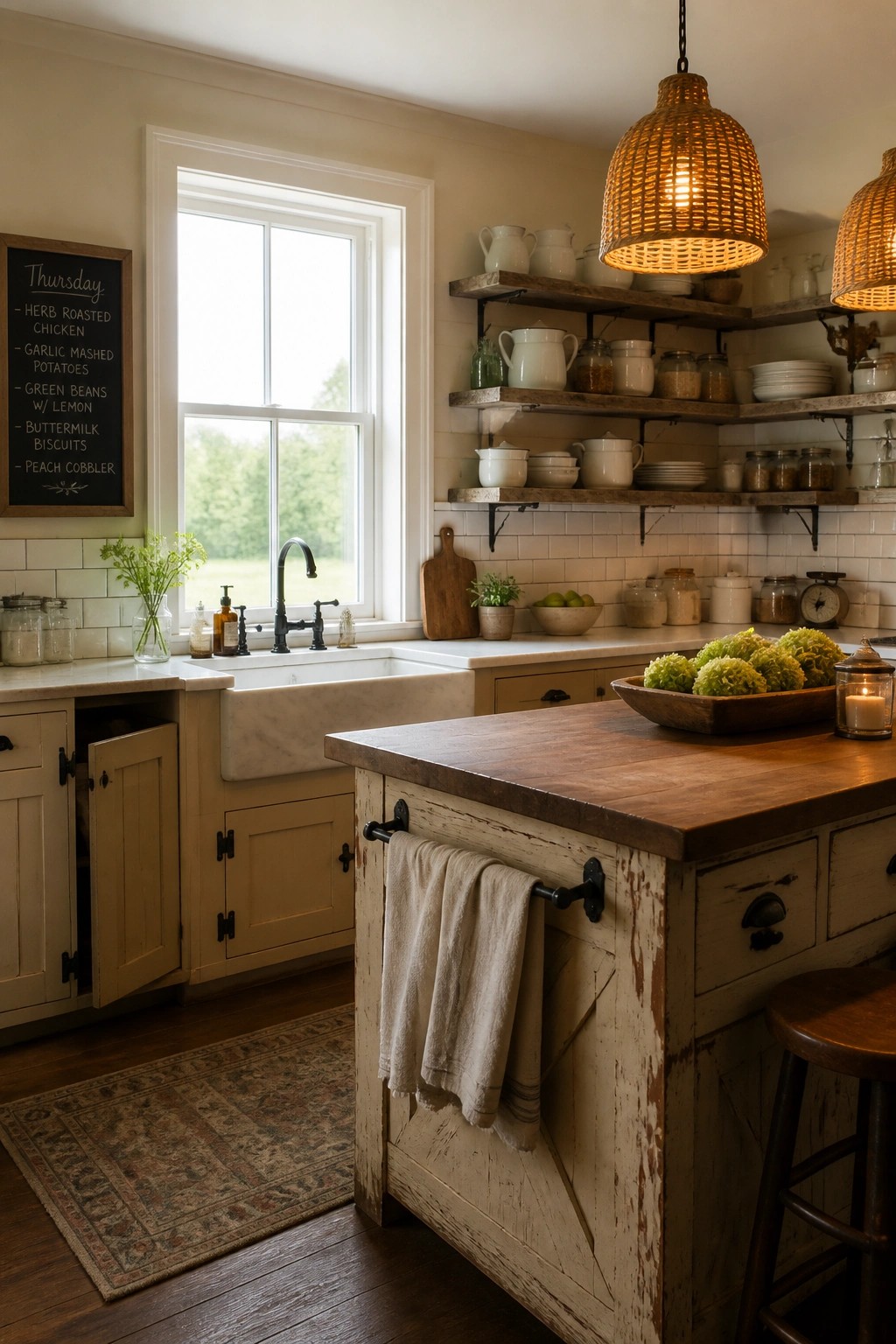 A rustic kitchen with beige cabinets, a white farmhouse sink under a window, a distressed wood island, and open wooden shelves holding white dishes and jars.