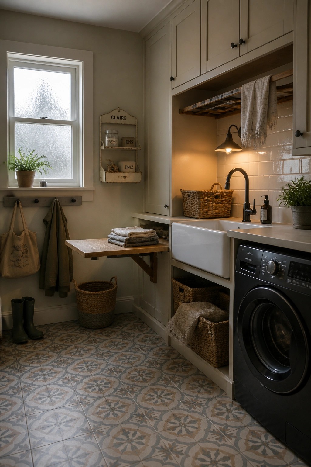 A laundry room with beige cabinets, a white farmhouse sink, black front-loading washer, patterned tile floor, and a window on the left wall.