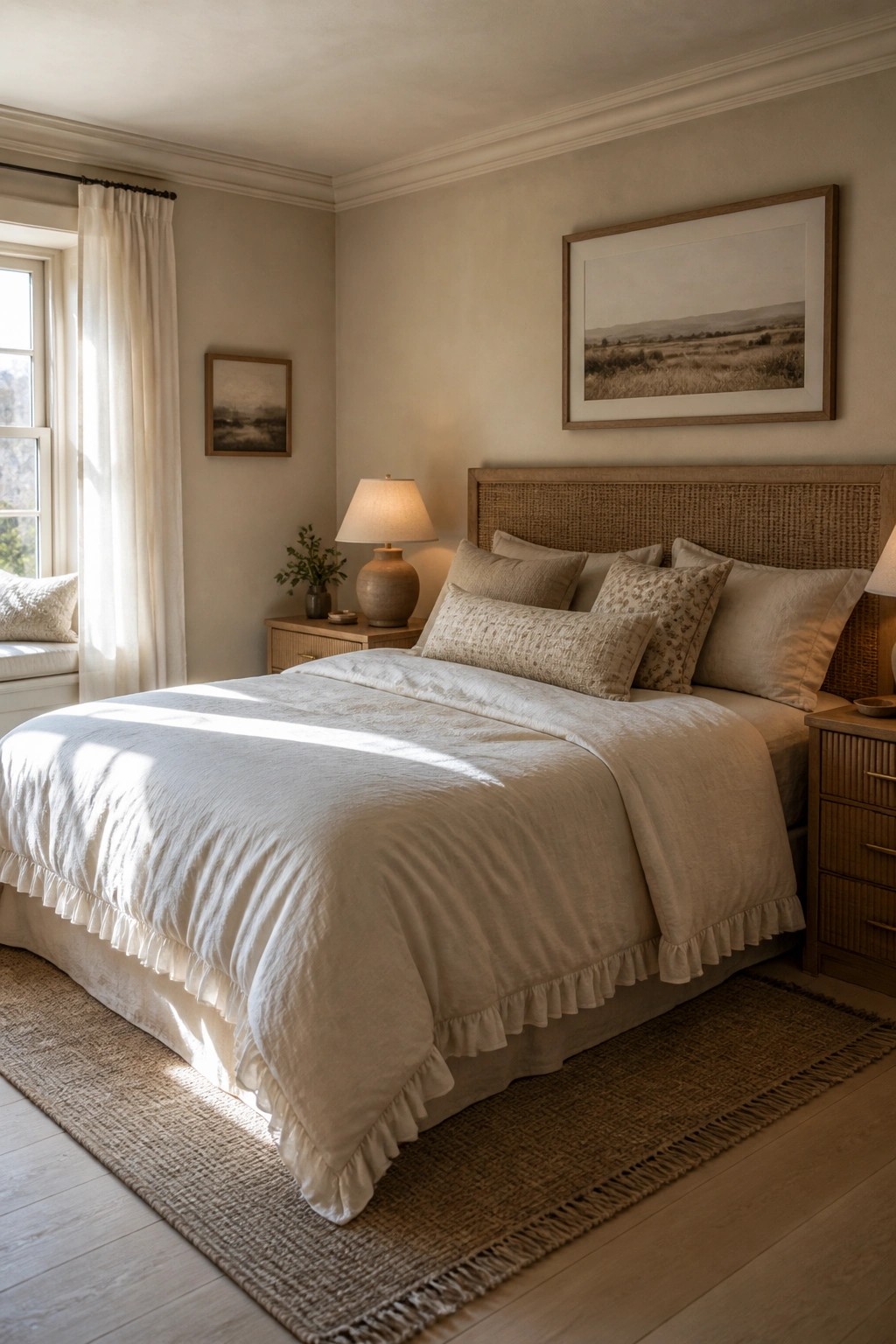 A bedroom with warm beige walls, a bed dressed in off-white and beige linens, a woven headboard, wooden nightstands, and framed landscape art.