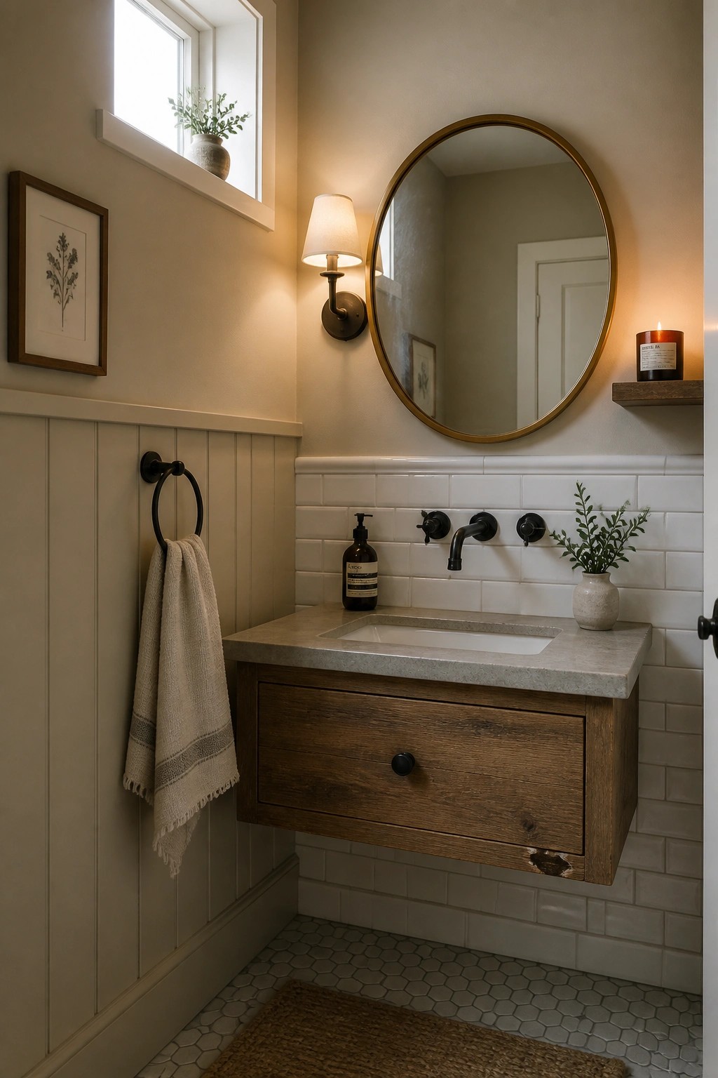 A small bathroom with warm beige walls above white wainscoting and subway tile, a floating wood vanity with gray countertop, round mirror, and black fixtures.