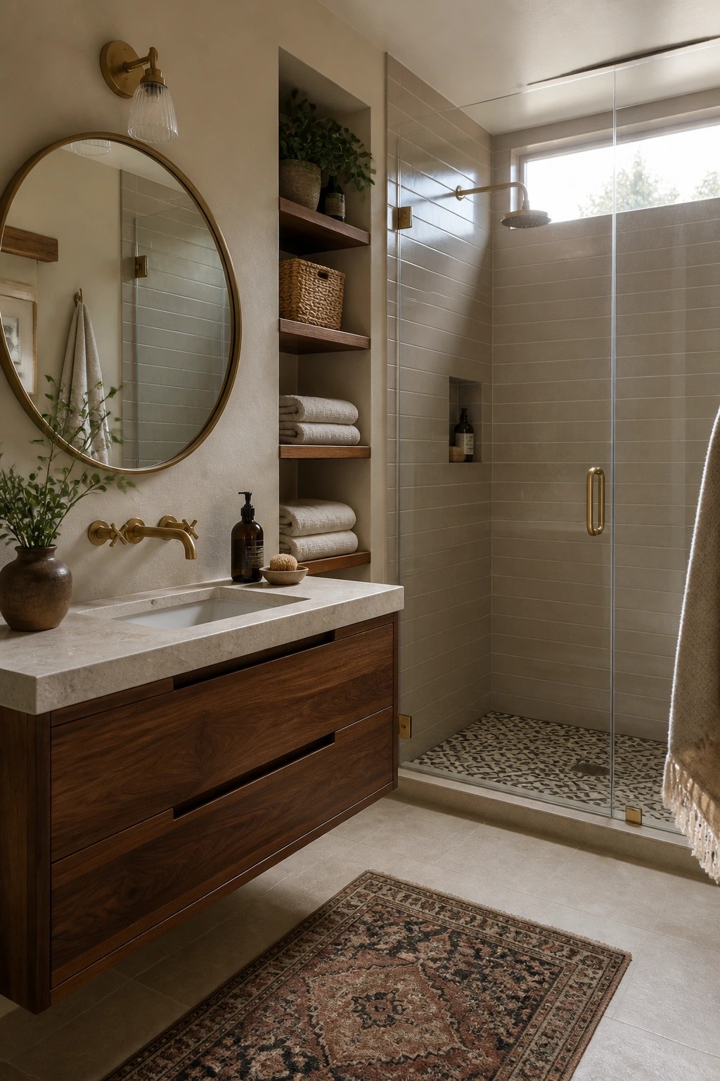 A bathroom featuring warm beige walls, a floating wood vanity with marble top, round mirror, brass fixtures, and a glass-enclosed shower with matching beige tile.