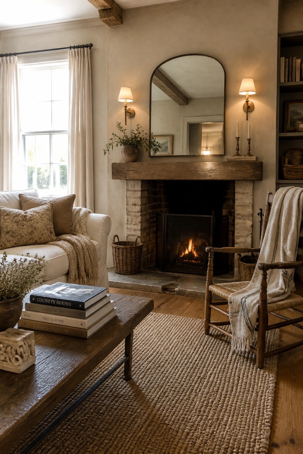 Cozy living room with stone fireplace, arched mirror, white sofa, and wooden rocking chair.