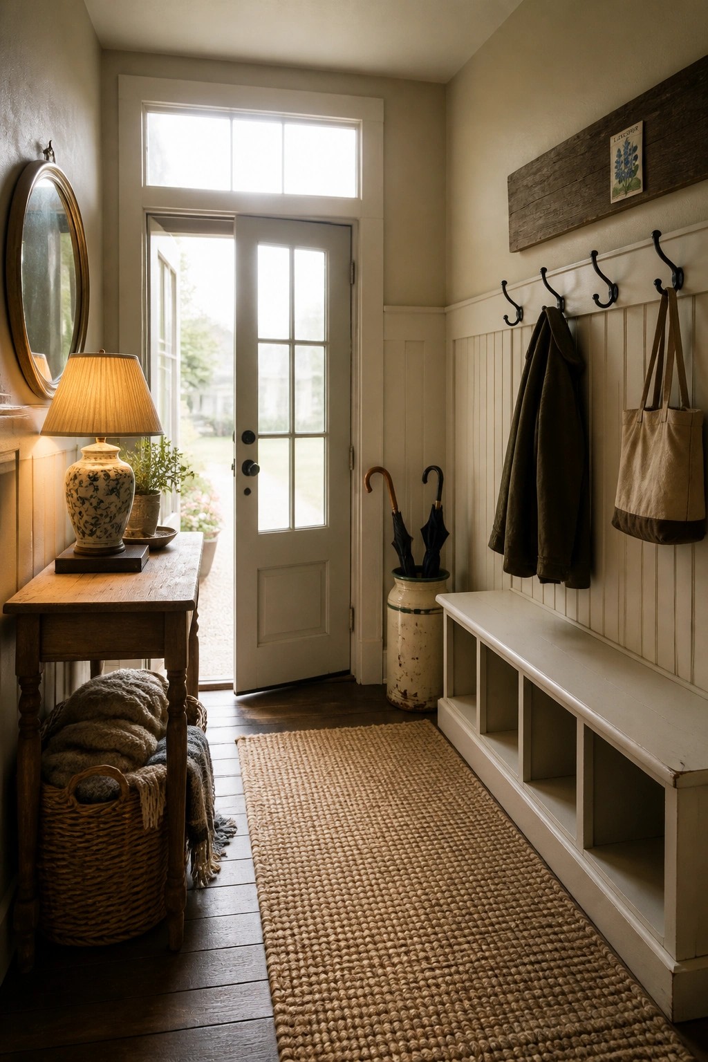 An interior entryway with beige walls, white wainscoting and trim, a white door, wooden bench with cubbies, wall hooks holding a coat and bag, and a woven rug on dark wood flooring.