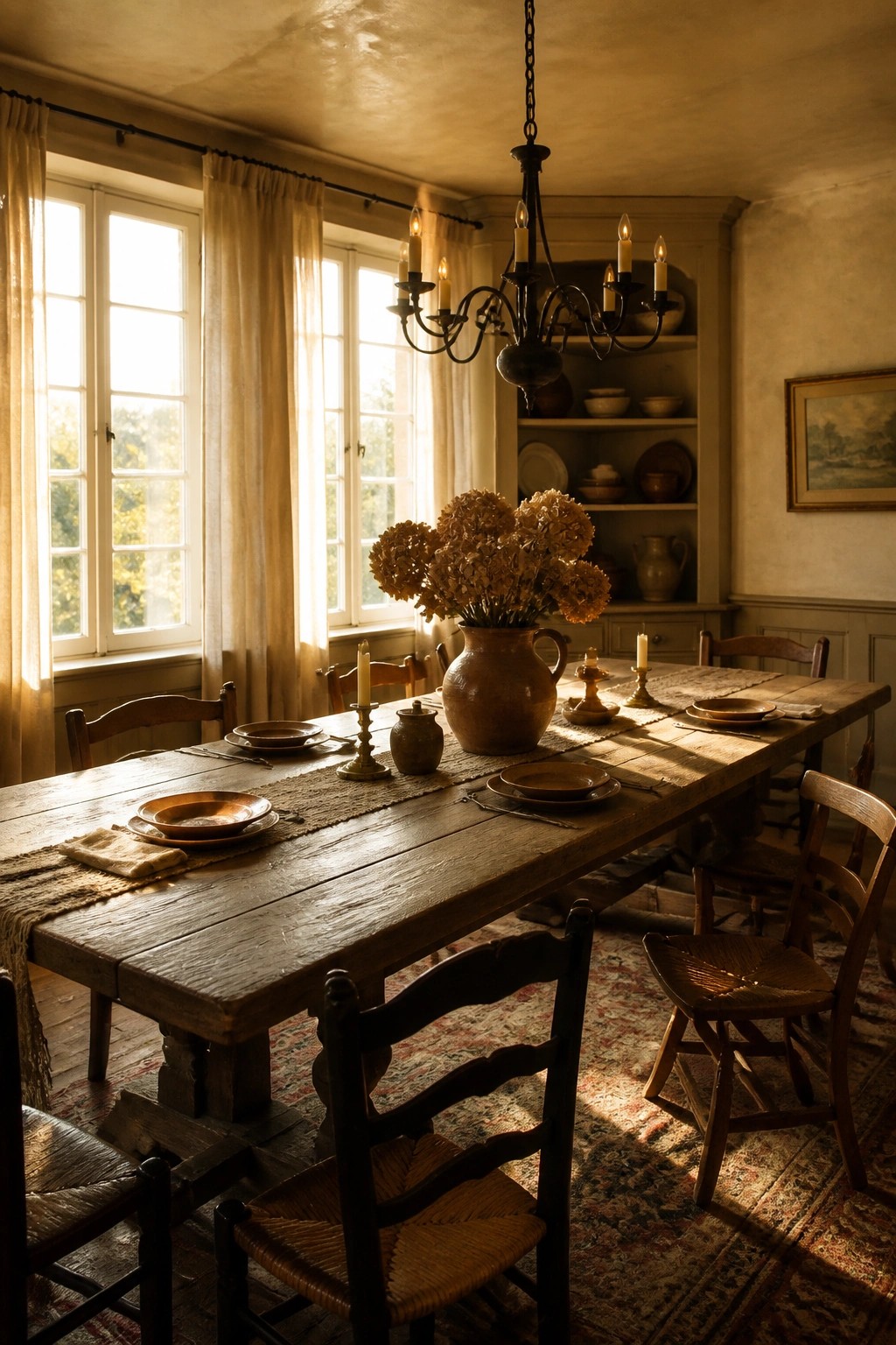 A rustic dining room with a long wooden table, woven chairs, a black chandelier, and dried flowers in a clay vase, lit by sunlight from large windows.
