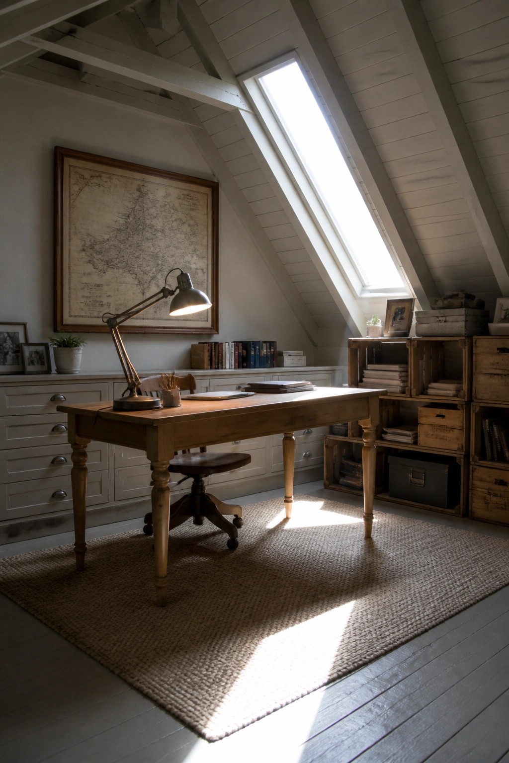An attic workspace with a wooden desk on a woven rug, a swivel chair, built-in cabinets, and a large framed map on a light-colored wall under a skylight.