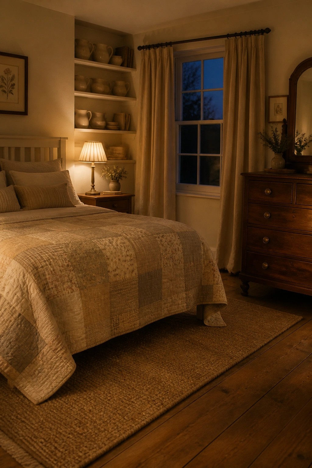 A rustic bedroom interior with a bed covered by a patchwork quilt, built-in shelves holding pottery, a wooden dresser, and a window dressed with beige curtains.