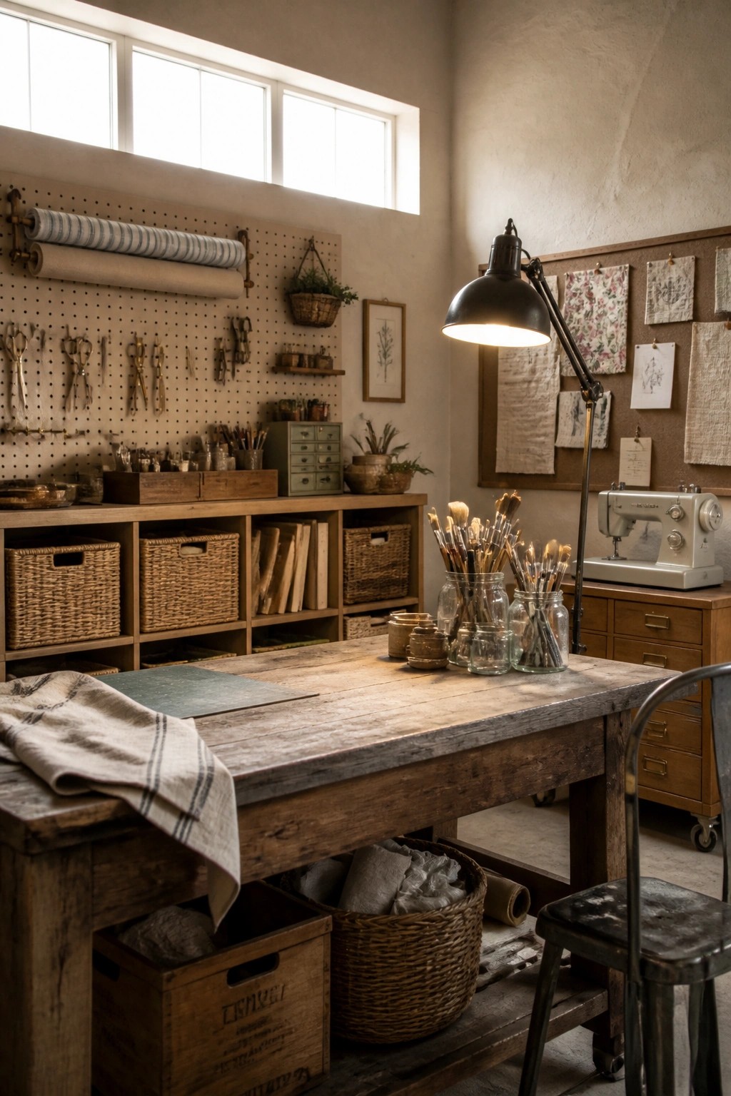 A rustic craft room featuring a large wooden work table, pegboard wall with tools, woven baskets, and a black floor lamp.