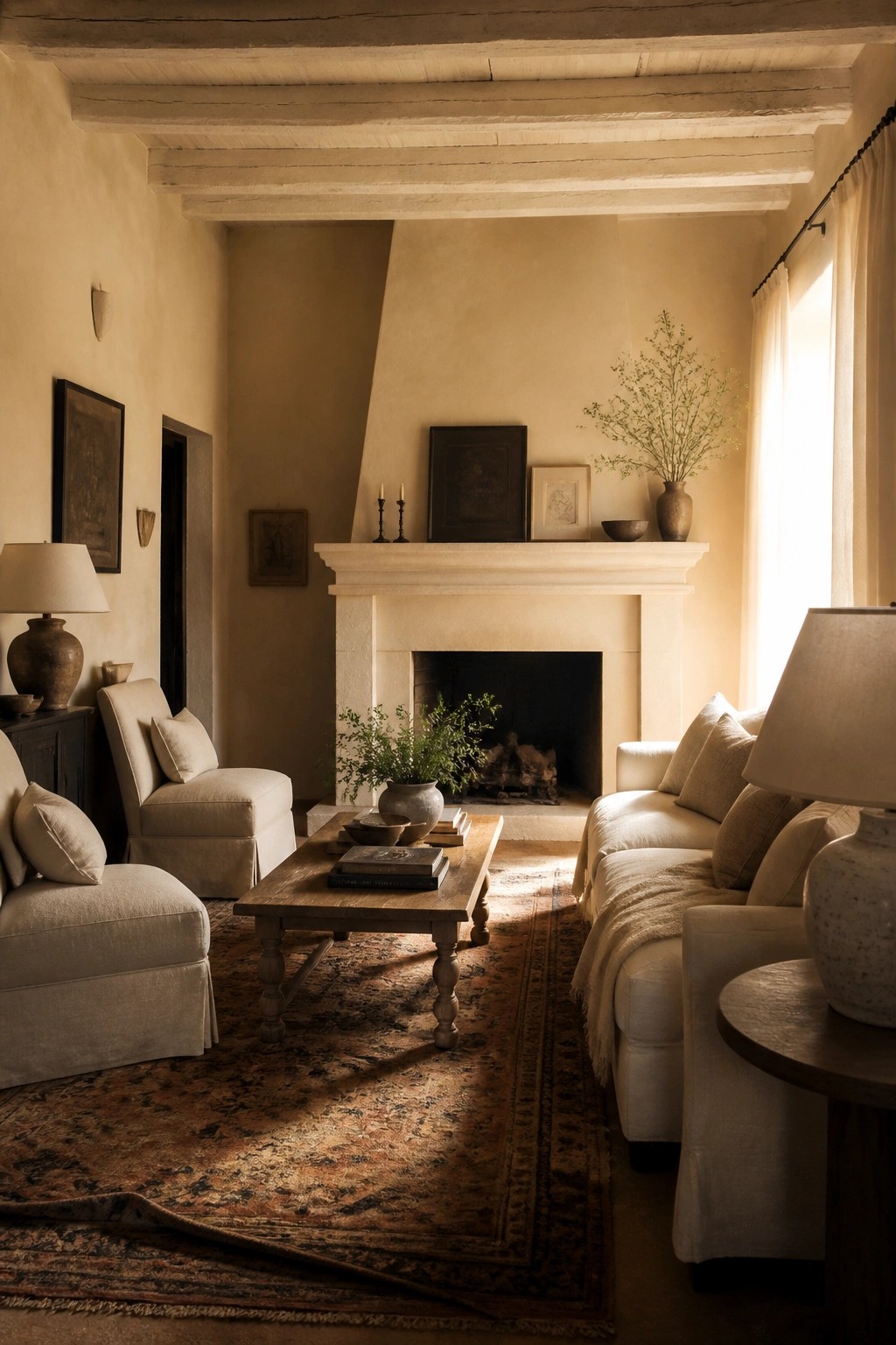 A rustic living room with beige walls, exposed wood ceiling beams, a stone fireplace, and neutral sofas arranged around a wooden coffee table on a large patterned rug.