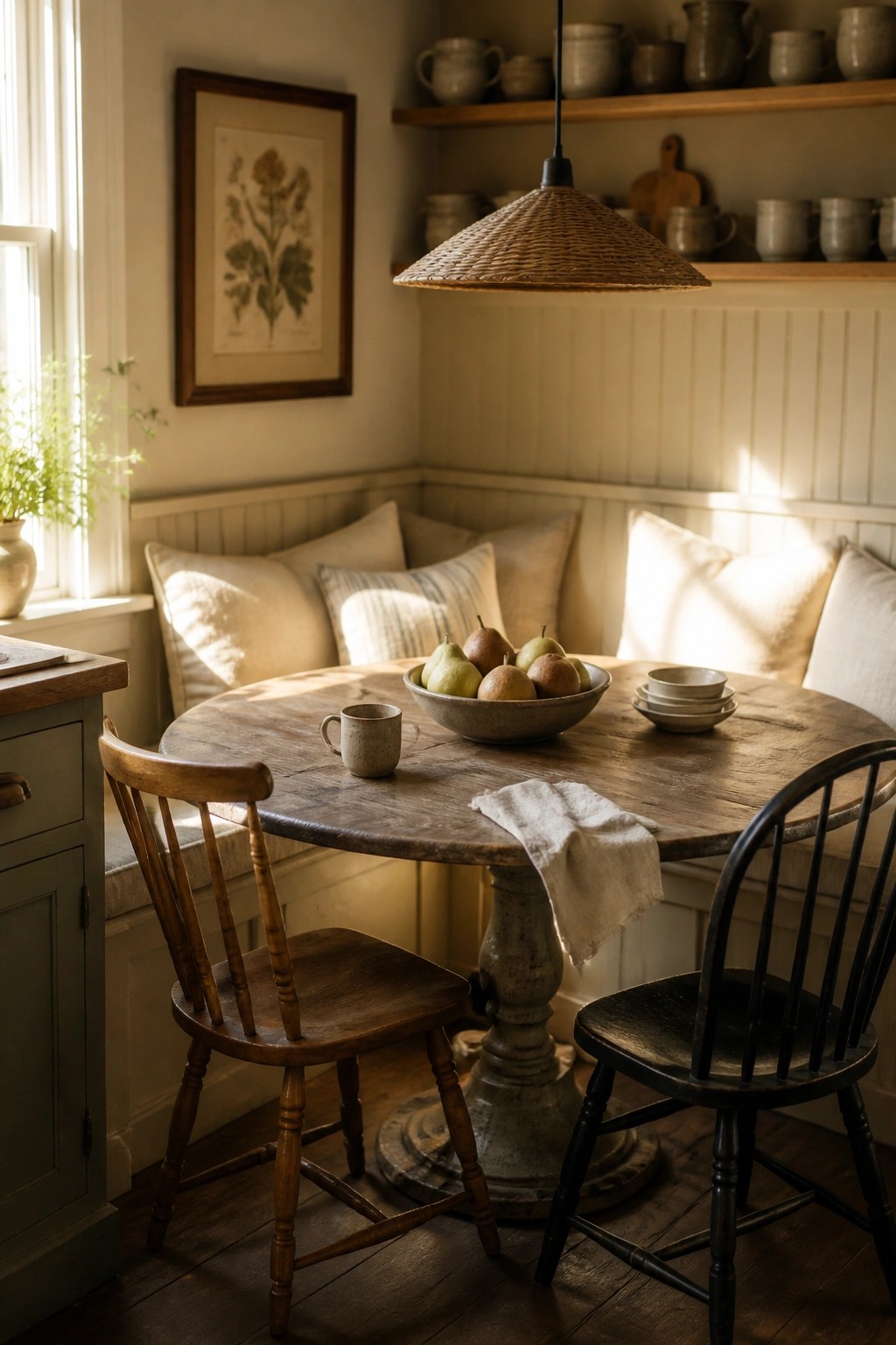 A round wooden table with pears in a bowl sits in a corner nook with beige walls, white wainscoting, a built-in bench with pillows, two wooden chairs, and a woven pendant light overhead.