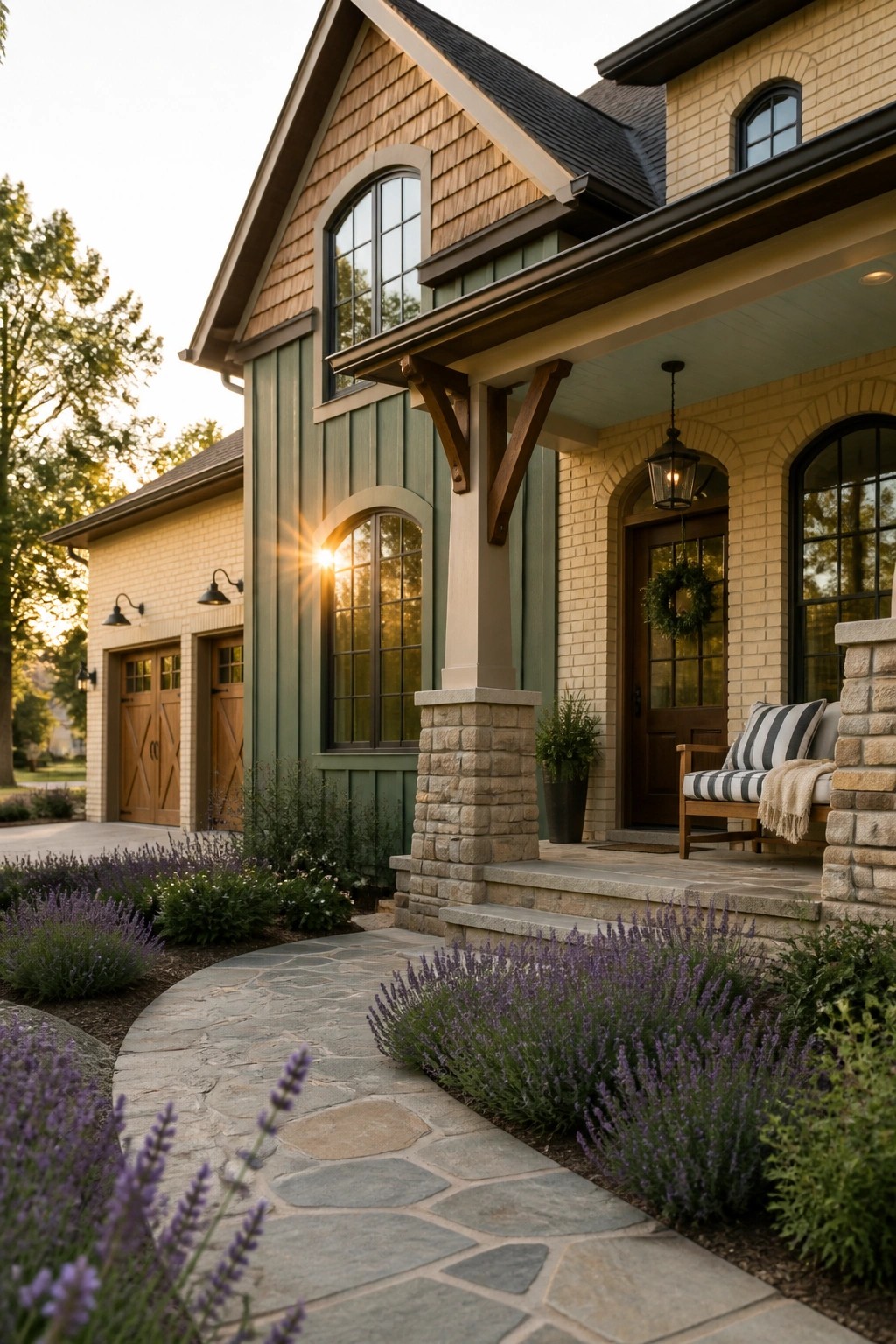 A two-story farmhouse exterior featuring beige brick, green vertical siding, wood shake gables, stone porch columns, and a covered entry with a wooden bench.
