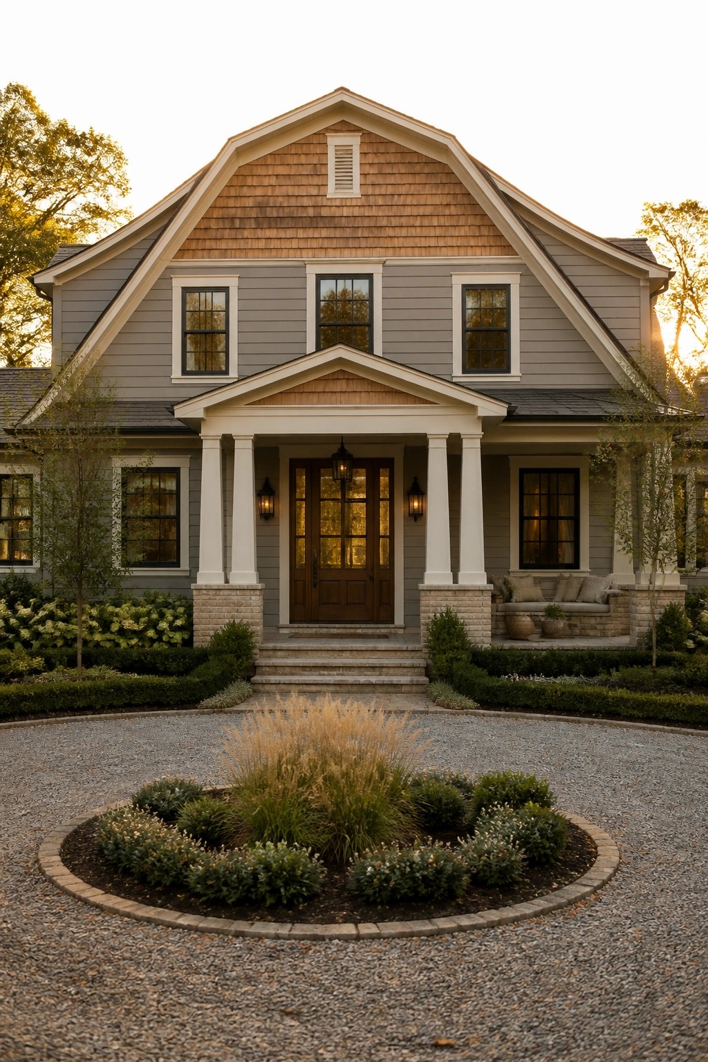 A two-story gray farmhouse with a central porch, brick column bases, white trim, and a wood shingle gable roof.