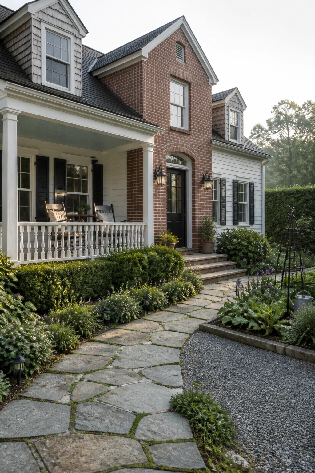 A two-story farmhouse exterior showing red brick on the central gable and white siding on the right section, with a white front porch, black shutters, and a stone pathway leading to the entrance.
