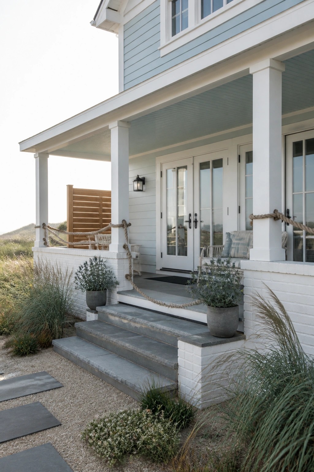 Light blue coastal house porch with white columns, rope railings, and stone steps.