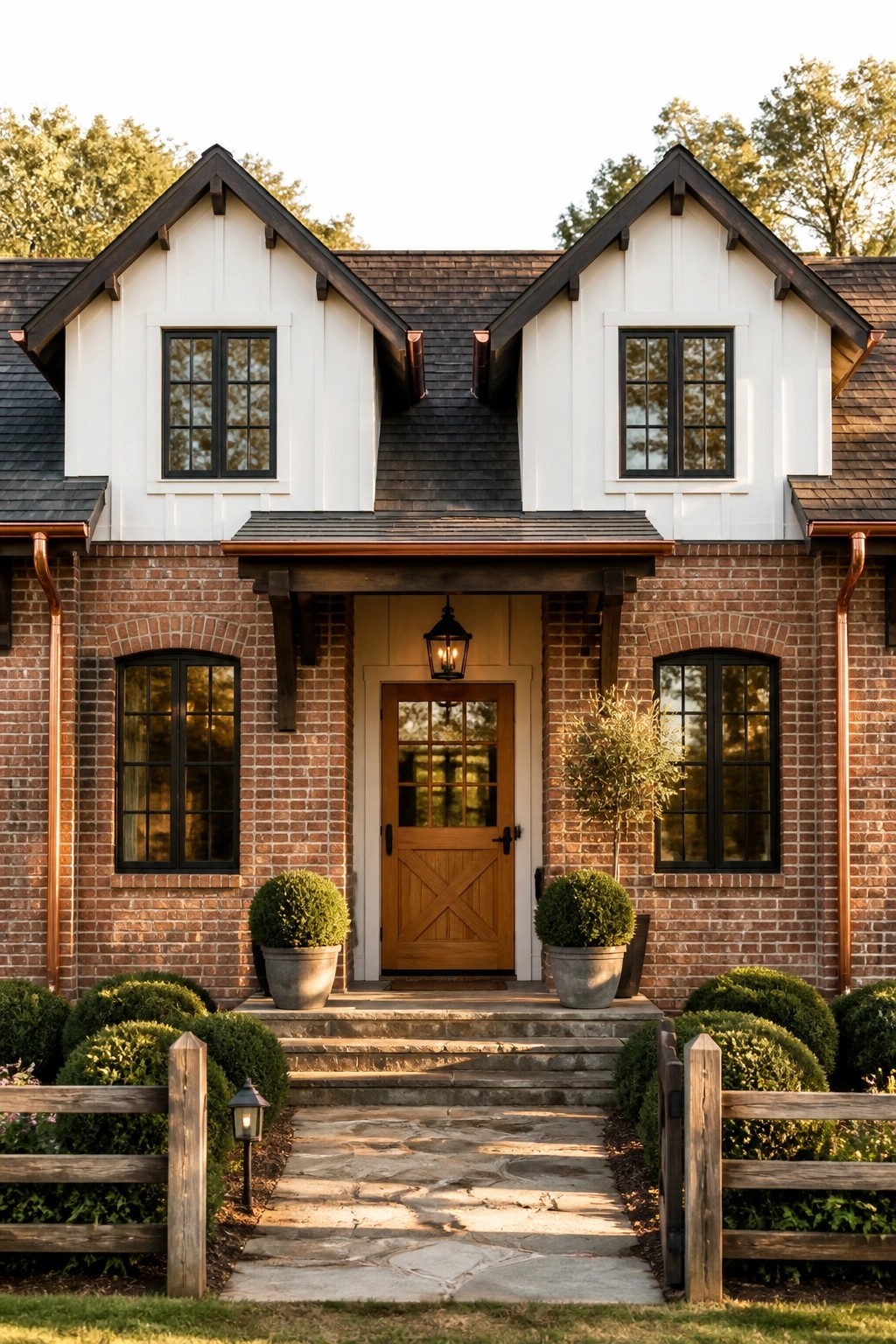 A two-story brick and siding farmhouse with a central wooden door, stone steps, and a stone walkway leading to the entrance.