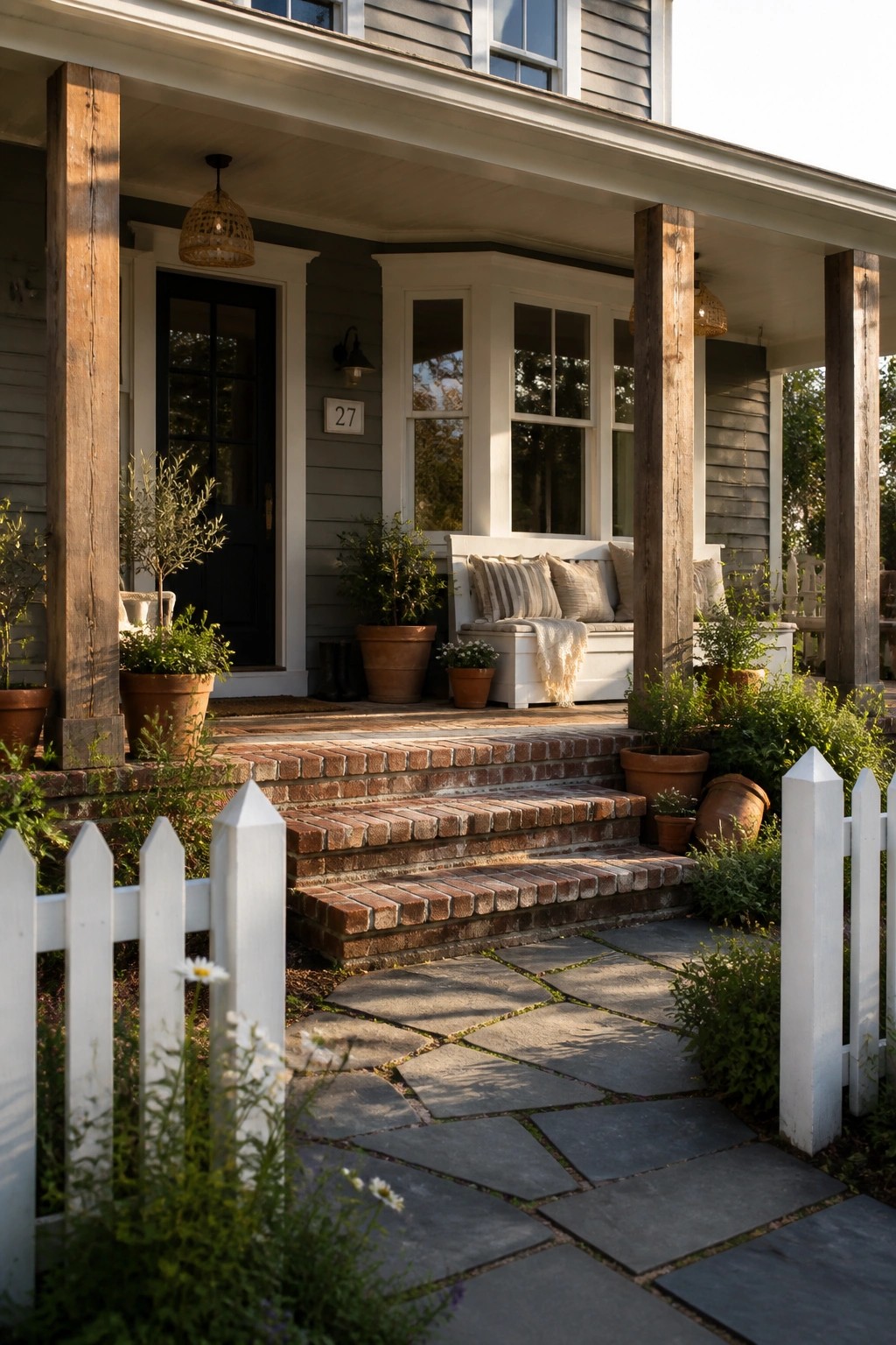 A gray farmhouse exterior with white trim, wooden porch posts, brick steps, potted plants, and a stone pathway leading to the front door.