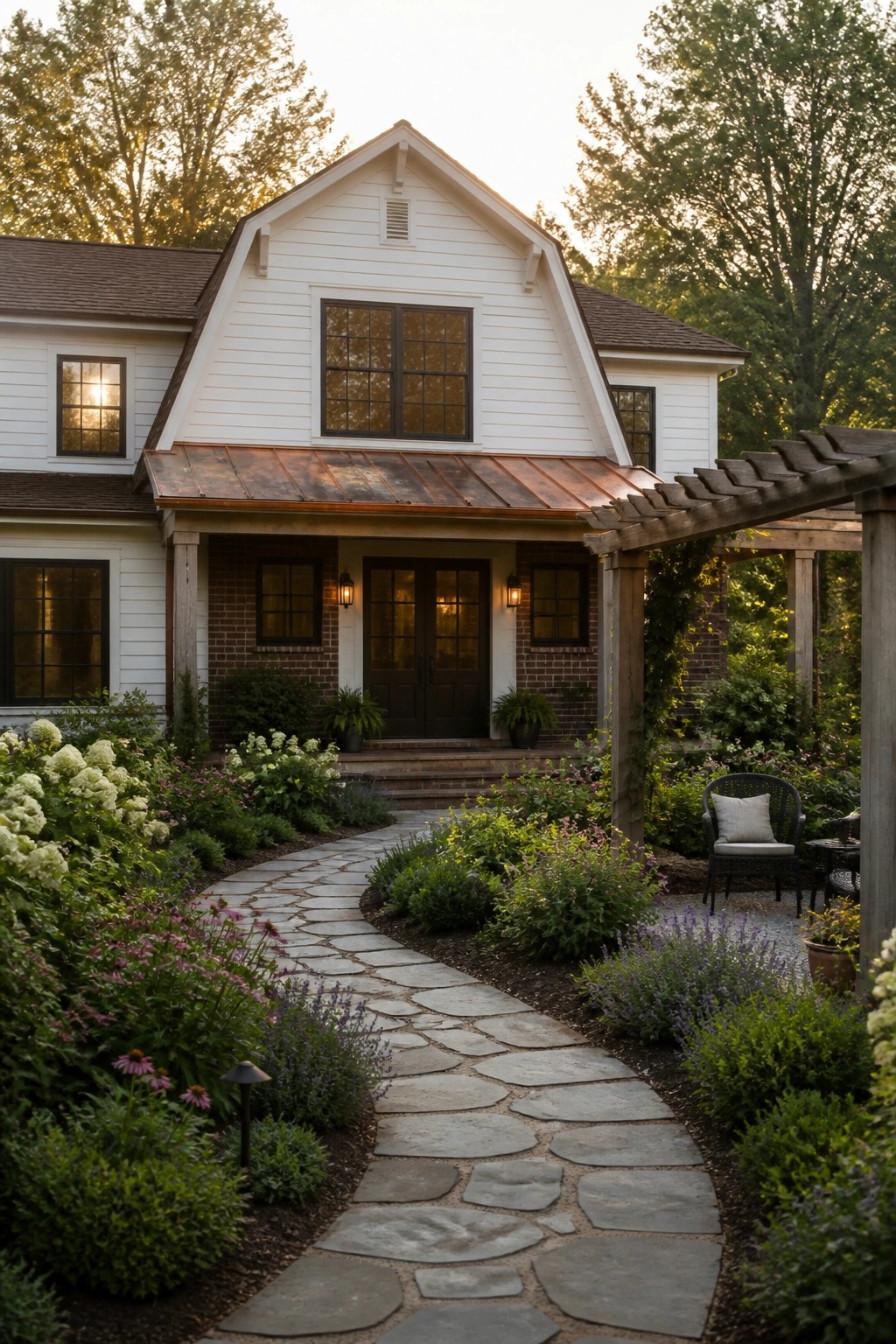 A white-sided farmhouse with brick on the lower walls, a stone pathway, and gardens in front.