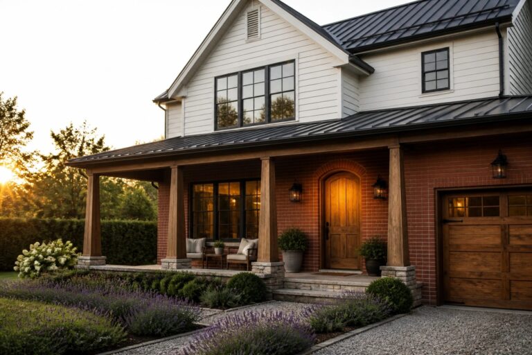 22 Brick and Siding Farmhouse Exterior Ideas Using Mixed Materials A two-story farmhouse exterior with white siding on the upper level, red brick on the lower level, a covered porch with wooden columns, and a gravel driveway bordered by lavender and shrubs.