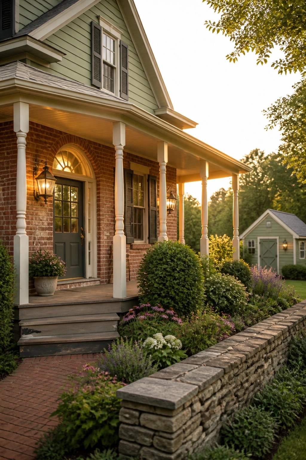 A front view of a two-story farmhouse with green siding above red brick, a white-trimmed porch with columns, brick steps, and a stone retaining wall with garden beds.